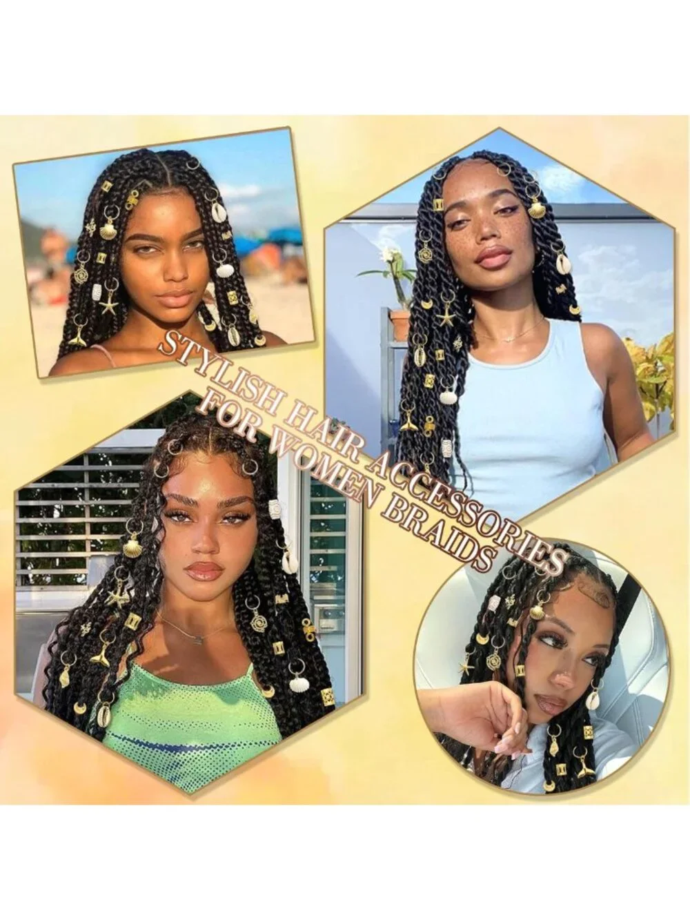 149Pcs Gold Shell Hair Jewelry Loc Cuffs & Rings for Boho Hairstyles
